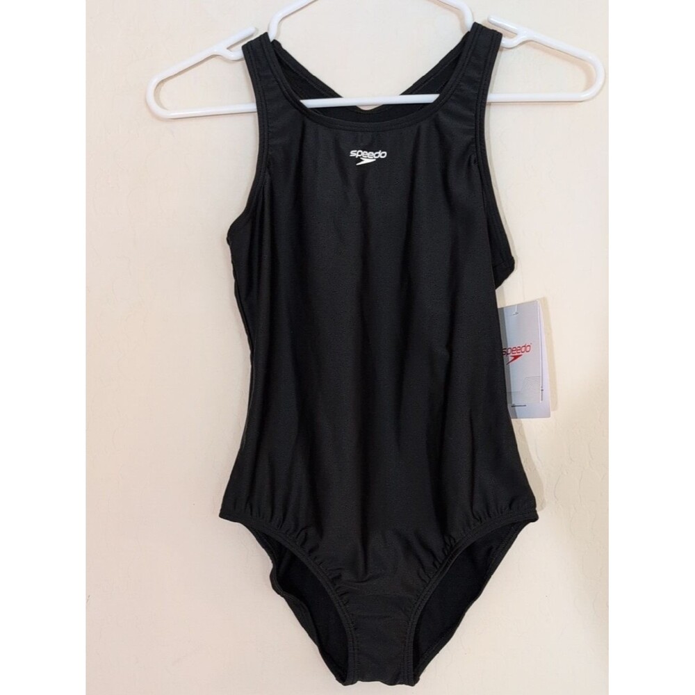 NWT Speedo Girls Black Competitive One Piece Swimwear Chest Logo - Size 12